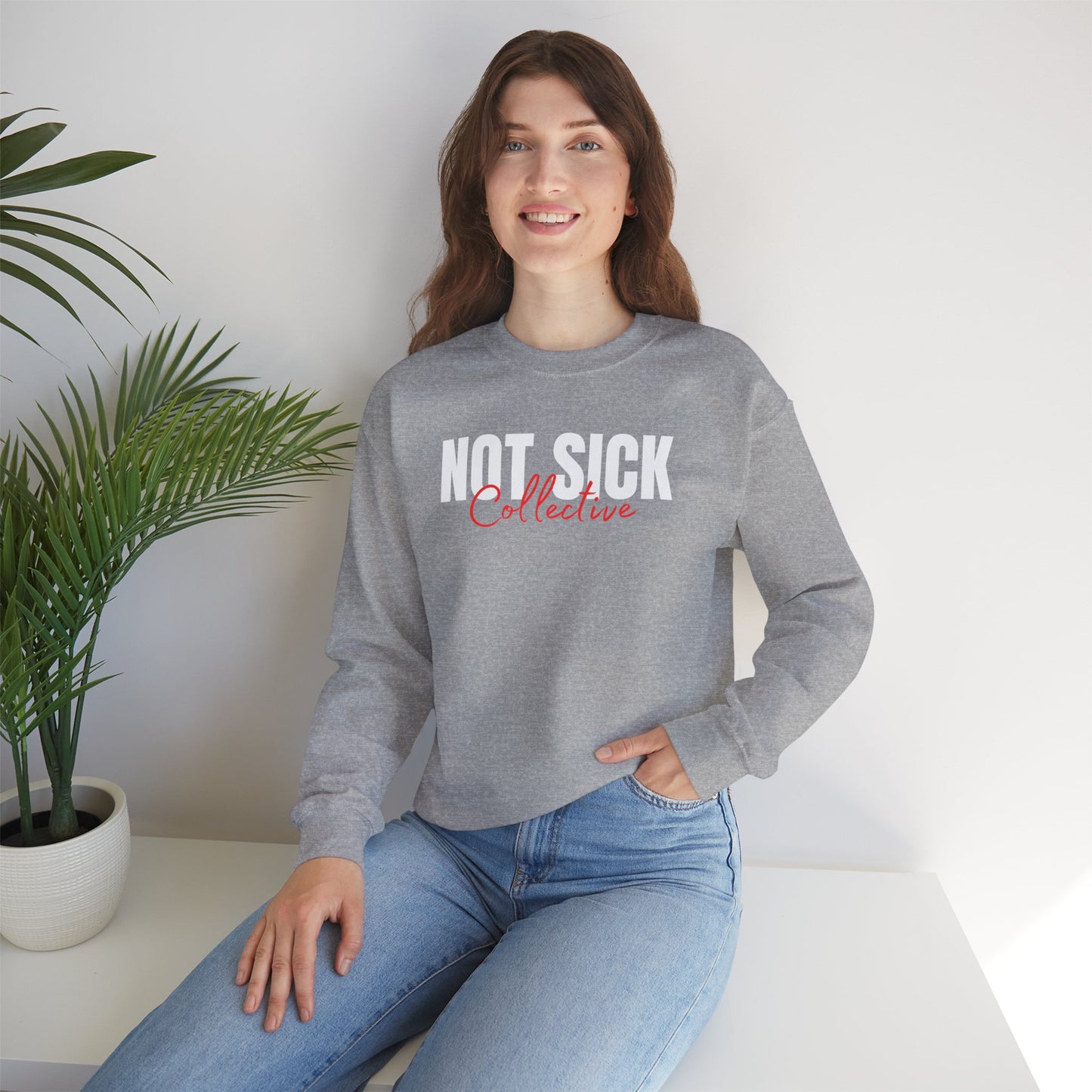Not Sick Collective Crewneck Sweatshirt — Graphic Black Pullover for Wellness Advocates