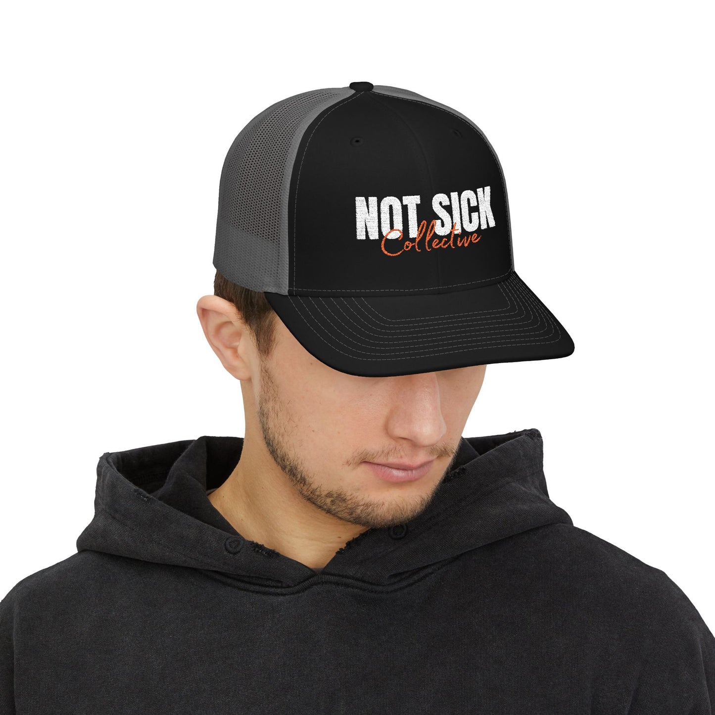 Not Sick Collective Embroidered Trucker Hat — Black & White Snapback