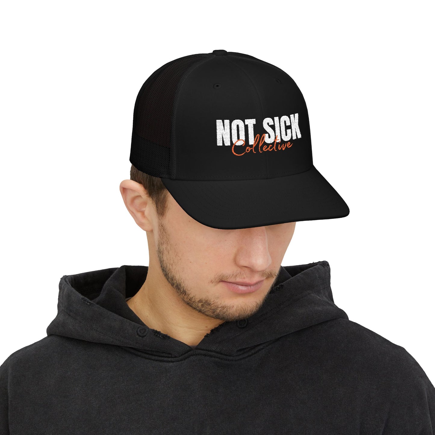 Not Sick Collective Embroidered Trucker Hat — Black & White Snapback