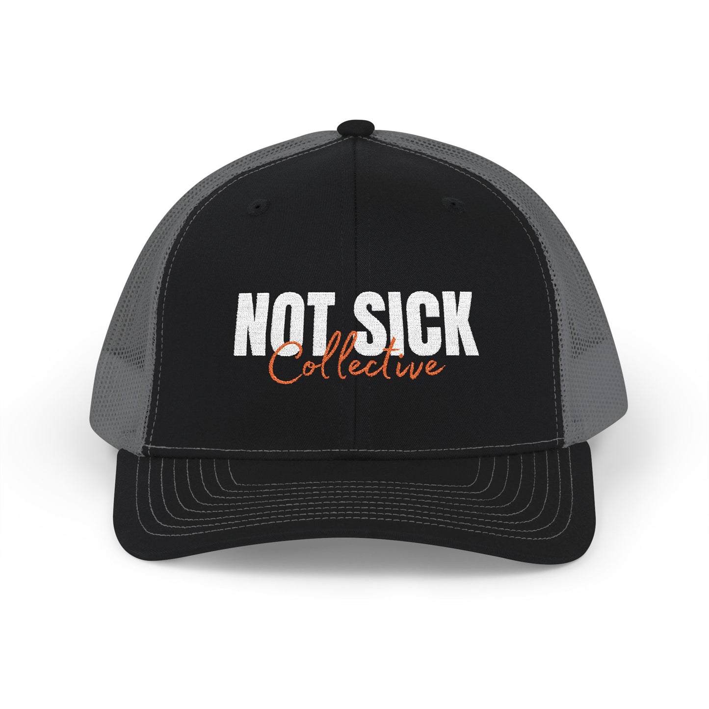 Not Sick Collective Embroidered Trucker Hat — Black & White Snapback