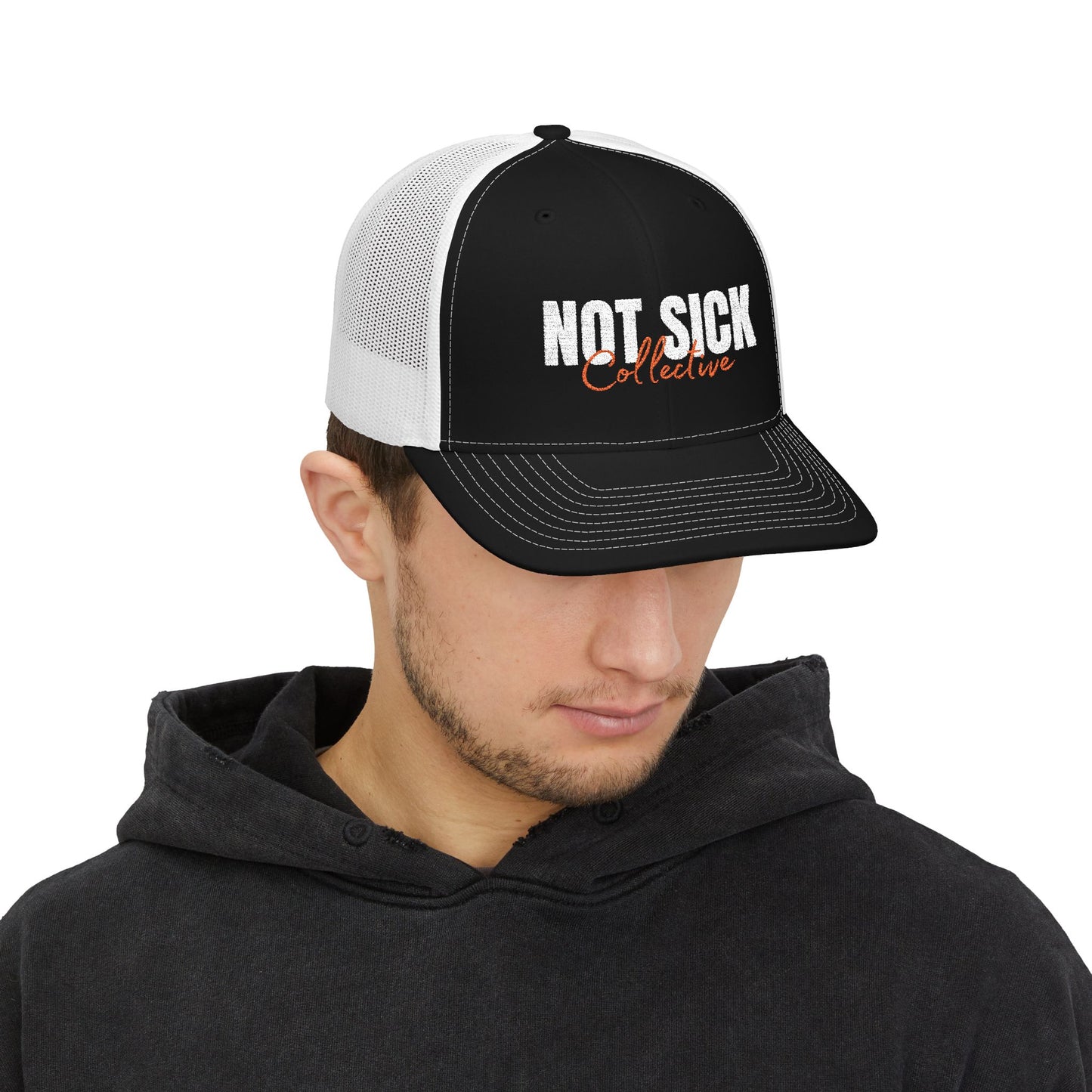 Not Sick Collective Embroidered Trucker Hat — Black & White Snapback