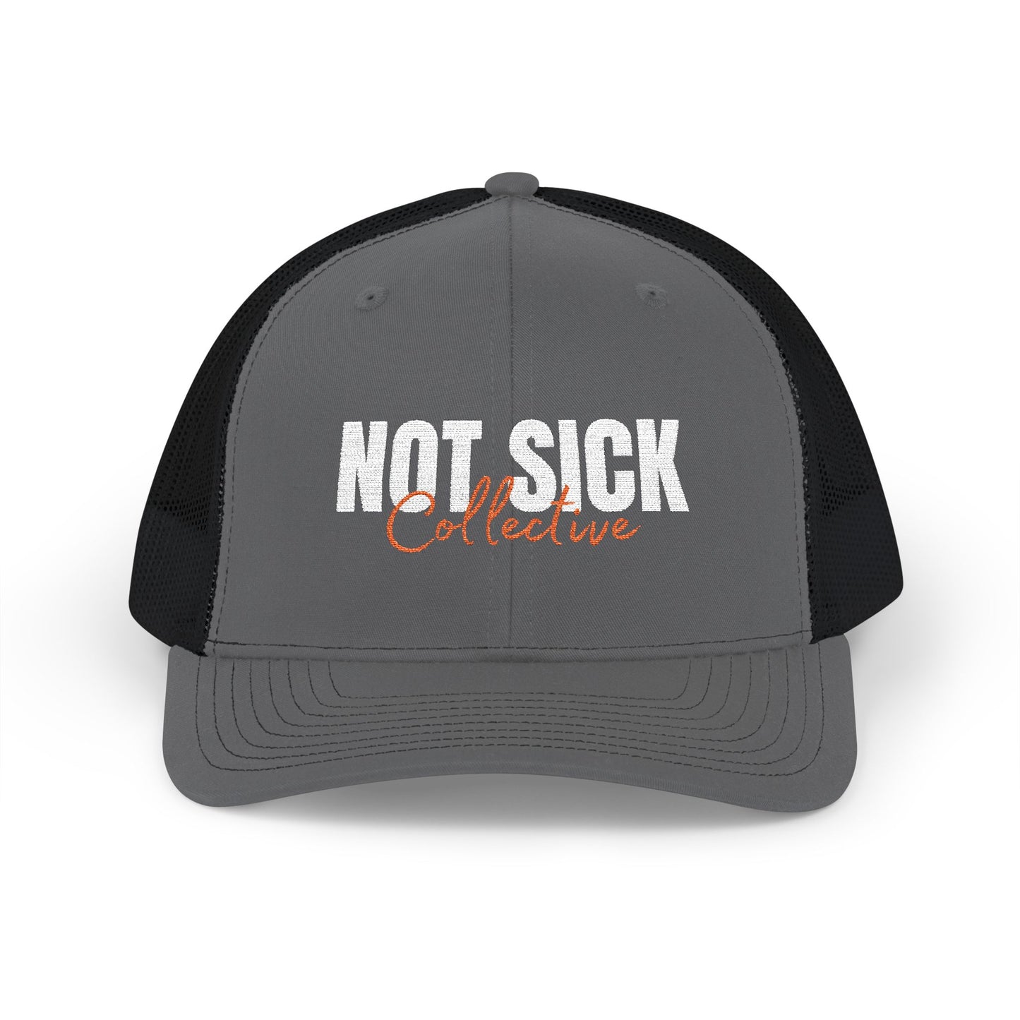 Not Sick Collective Embroidered Trucker Hat — Black & White Snapback
