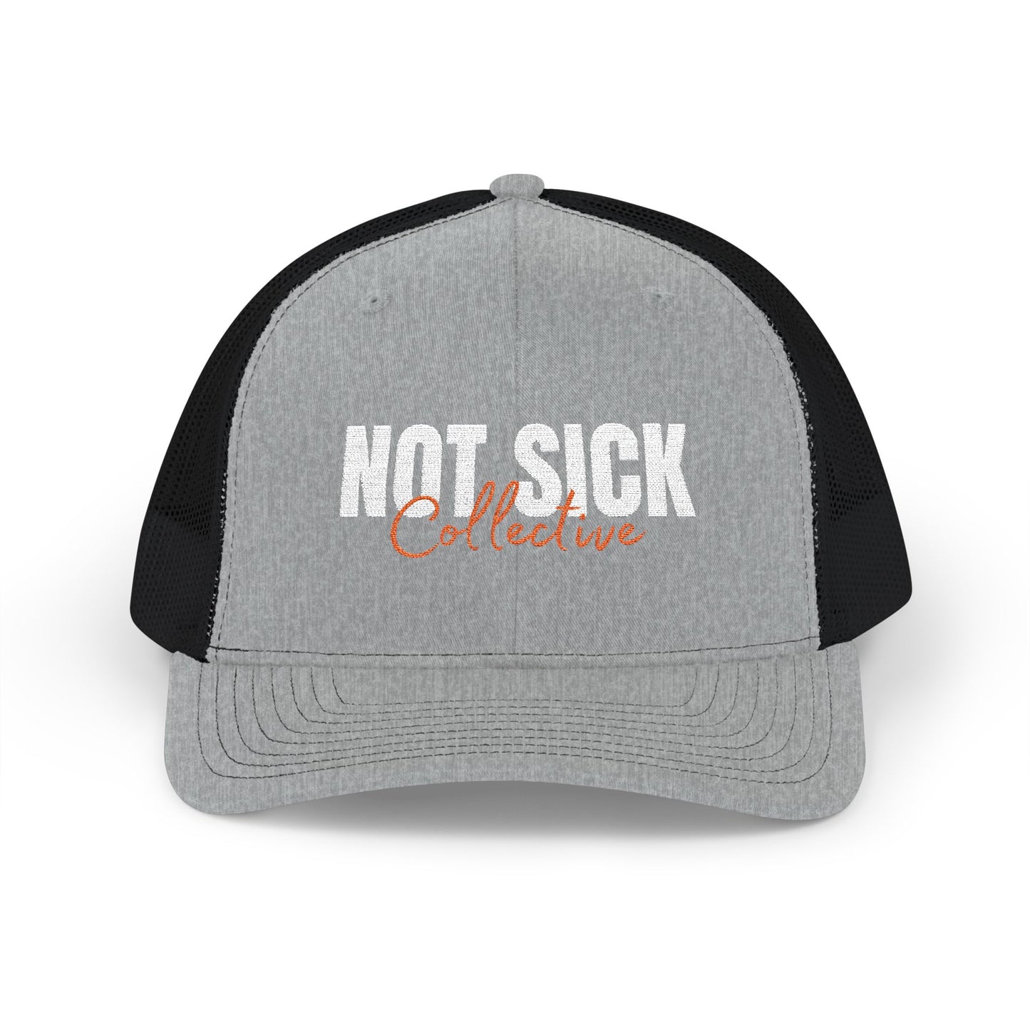 Not Sick Collective Embroidered Trucker Hat — Black & White Snapback