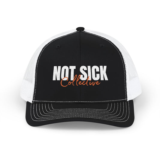 Not Sick Collective Embroidered Trucker Hat — Black & White Snapback