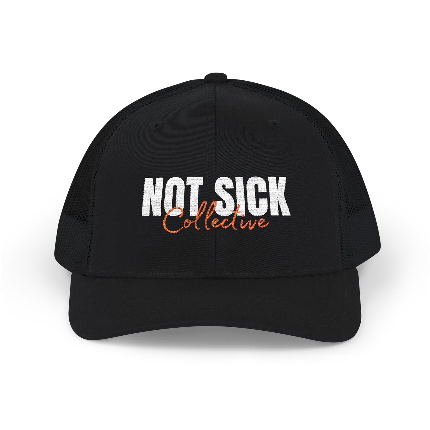 Not Sick Collective Embroidered Trucker Hat — Black & White Snapback
